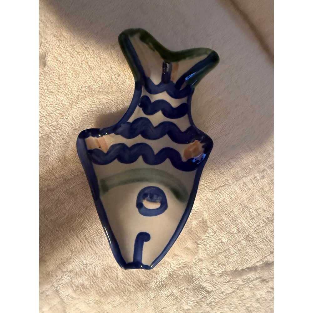 Hand Painted Ceramic Fish Trinket Dish Blue White Coastal Spoon Rest Signed